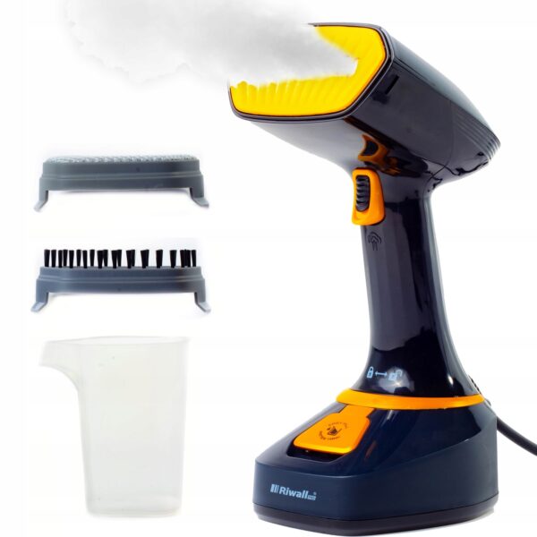 PAROWNICA-DO-UBRAN-ZELAZKO-PAROWE-STEAMER-ZESTAW-AKCESORIA-7w1-RIWALL-RX-01 Pionowa parownica do ubrań riwall STEAM POWER obok parownicy elementy zestawu