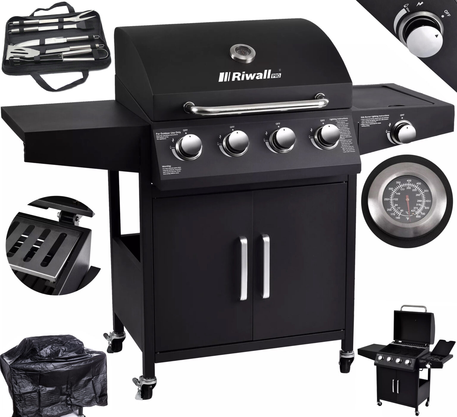 Grill gazowy Riwall 14,5 kW 5 palników 4+1 z pokrowcem