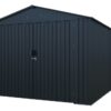 Metalowy garaż Riwall 3x6 m z dachem dwuspadowym i drzwiami bocznymi