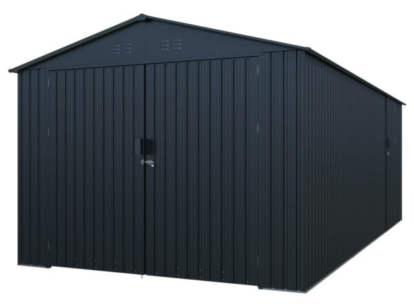 Metalowy garaż Riwall 3x6 m z dachem dwuspadowym i drzwiami bocznymi
