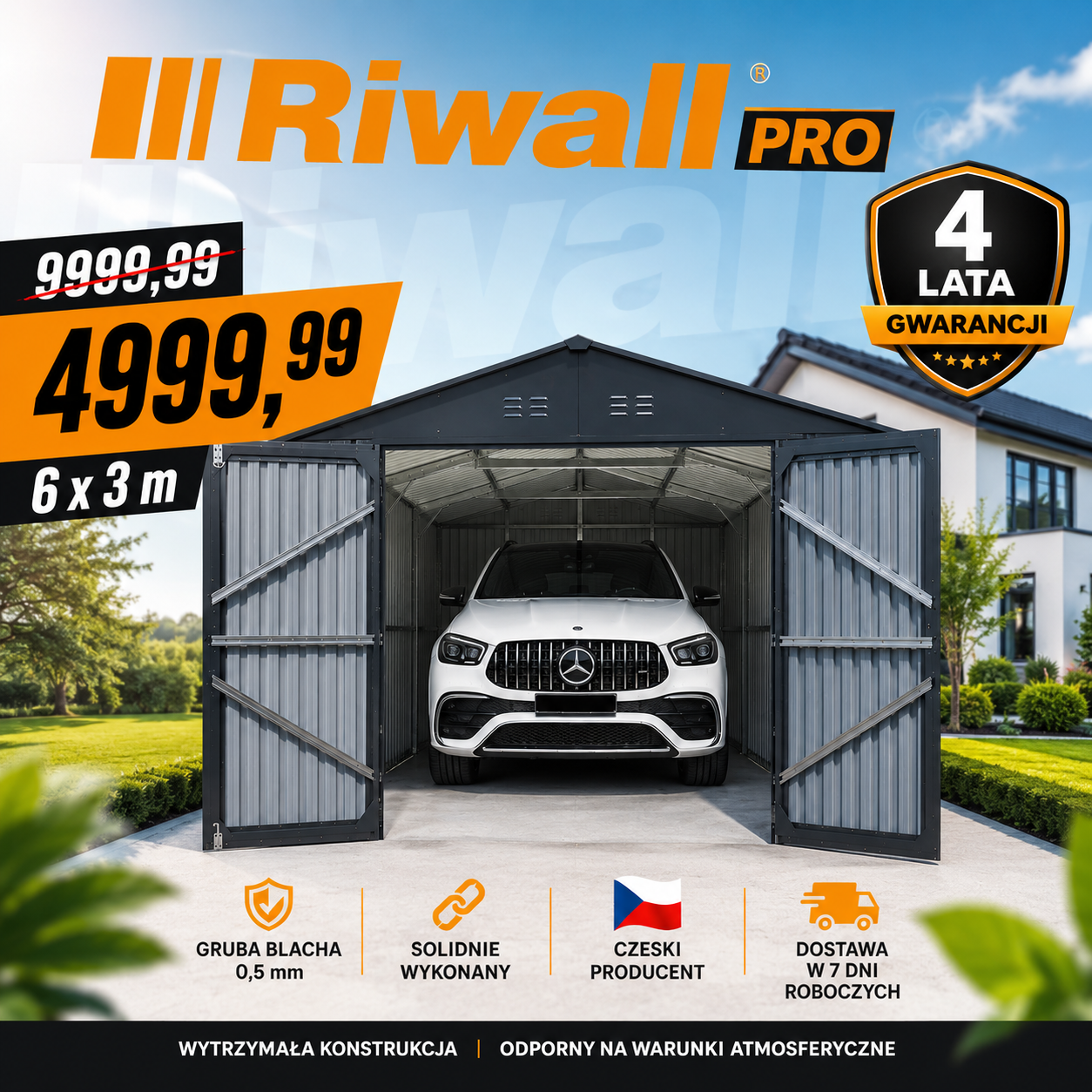 Garaż blaszany 3×6 m antracyt 602 x 300 x 232 cm Riwall PRO